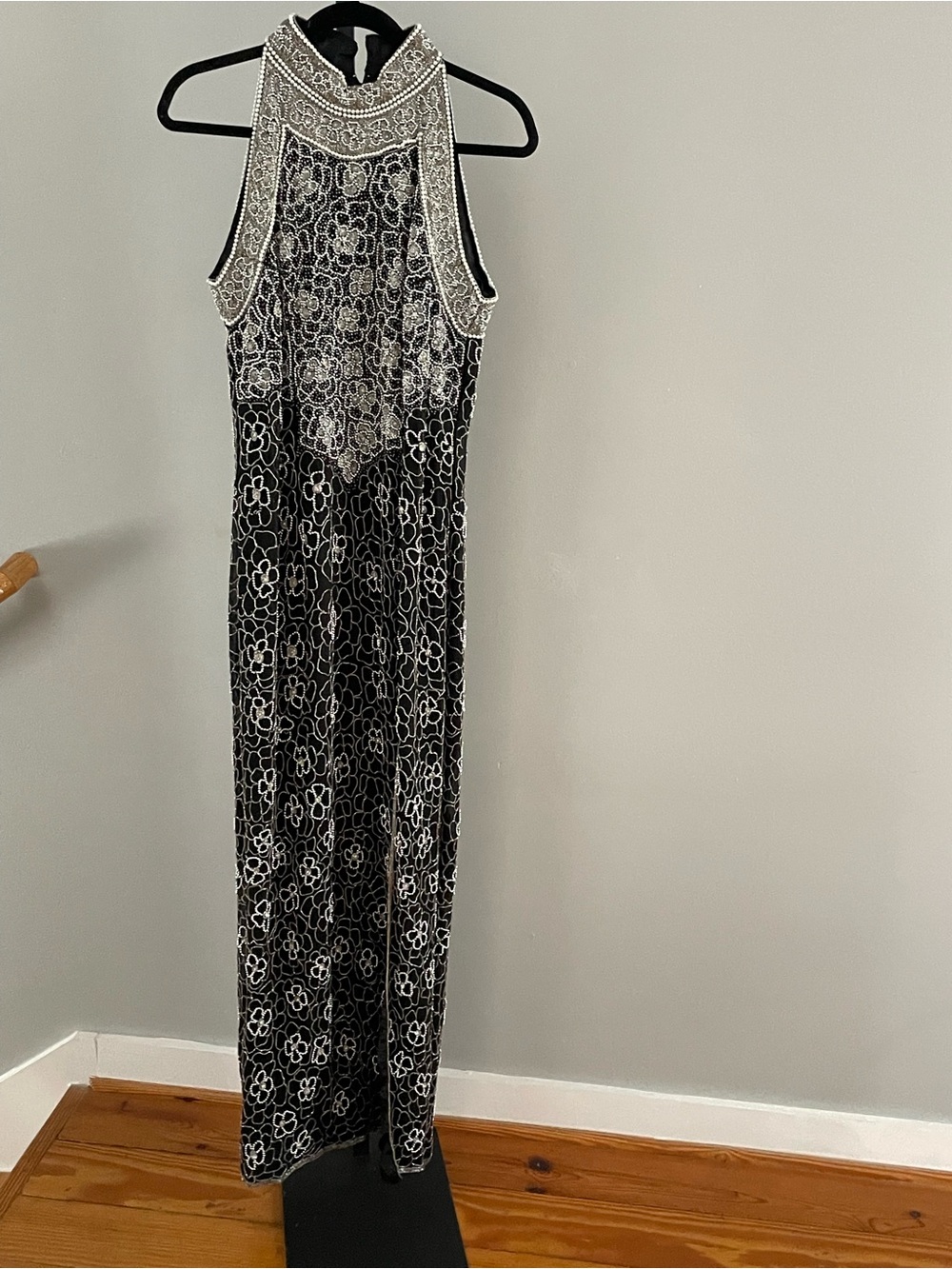 Vintage Adriana Papell 100% Silk Beaded High Neck Maxi Dress Size 14